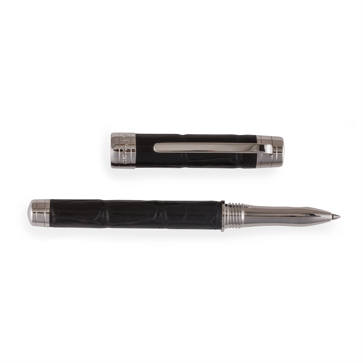 "Essential Black Alligator" leather rollerball pen – Rhodium steel