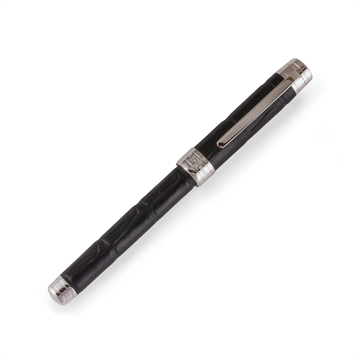 "Essential Black Alligator" leather rollerball pen – Rhodium steel