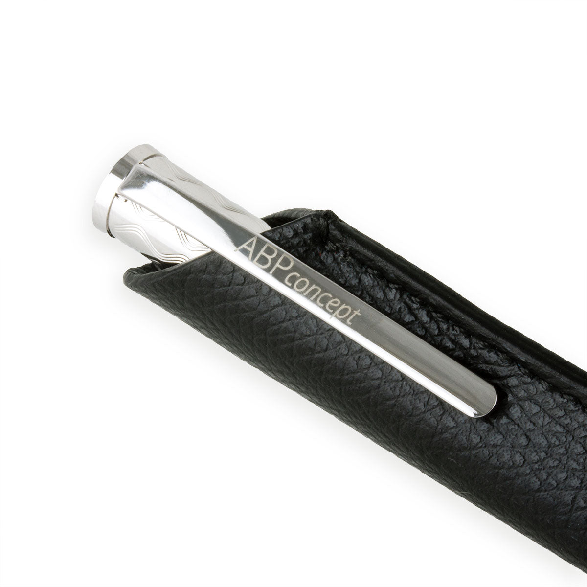 Stylo bille et son étui en cuir "Essential" – Acier rhodium / Doré / Noir - Veau grainé (noir, bleu, vert...)