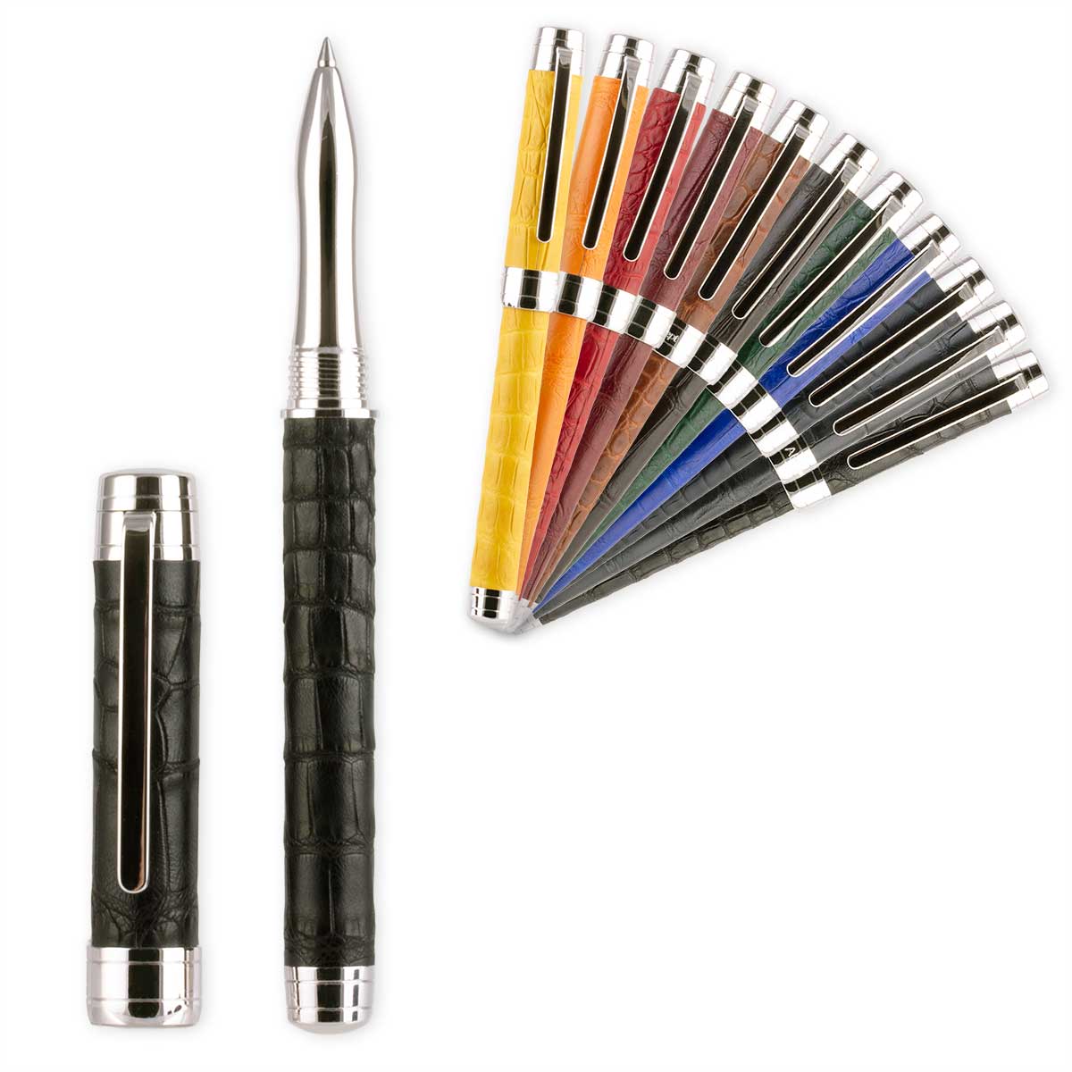 Stylo roller cuir – Acier rhodium – Alligator (noir, bleu, vert, rouge...)