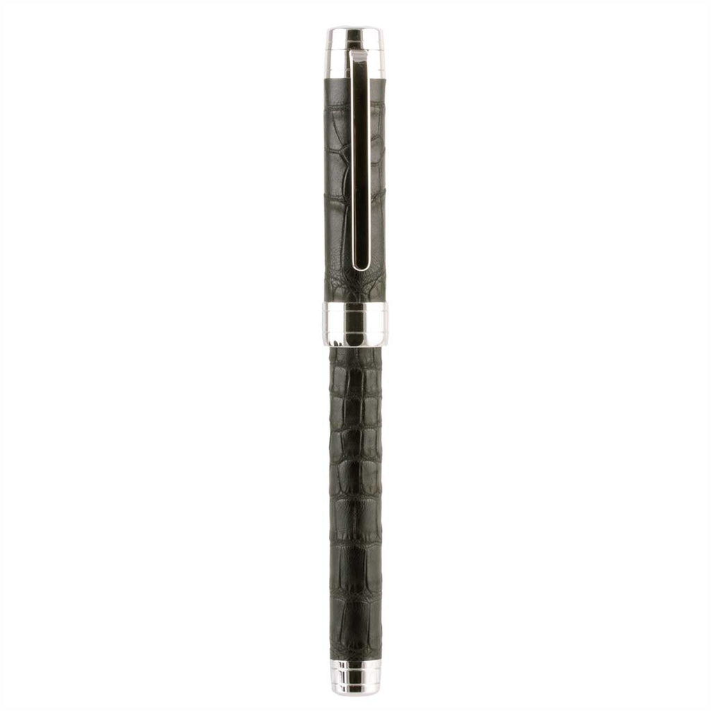 Stylo roller cuir – Acier rhodium – Alligator (noir, bleu, vert, rouge...)