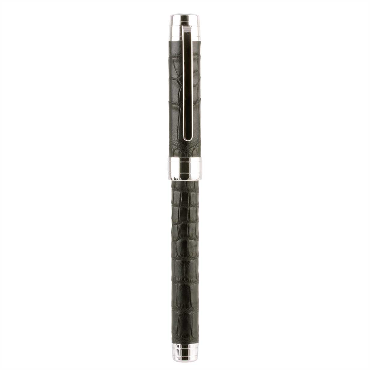 Stylo roller cuir – Acier rhodium – Alligator (noir, bleu, vert, rouge...)