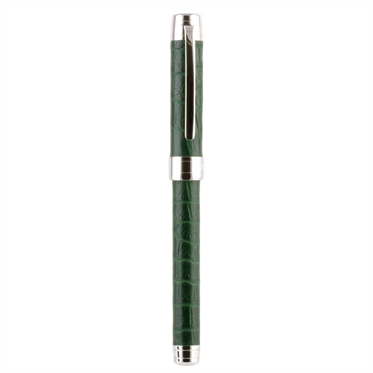 Stylo roller cuir – Acier rhodium – Alligator (noir, bleu, vert, rouge...)