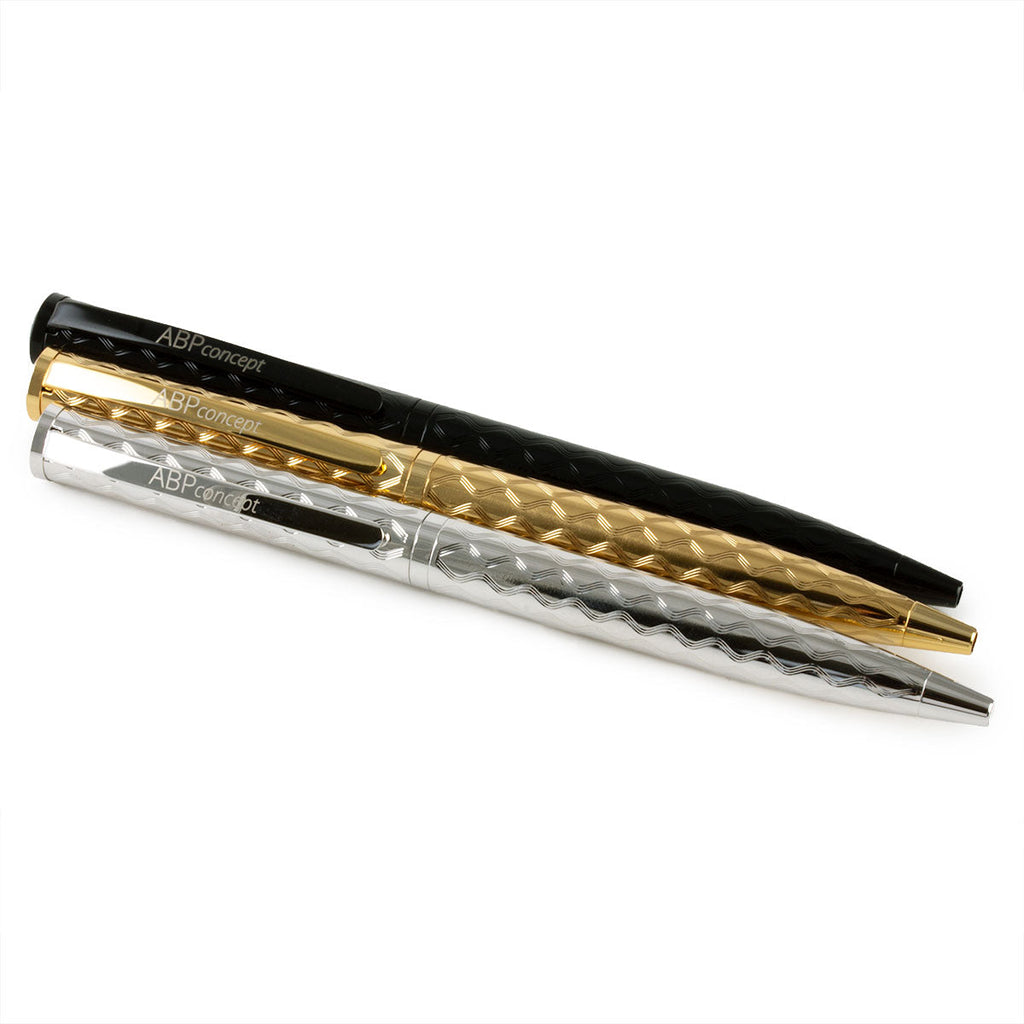 Stylo bille et son étui en cuir "Essential" – Acier rhodium / Doré / Noir - Veau grainé (noir, bleu, vert...)