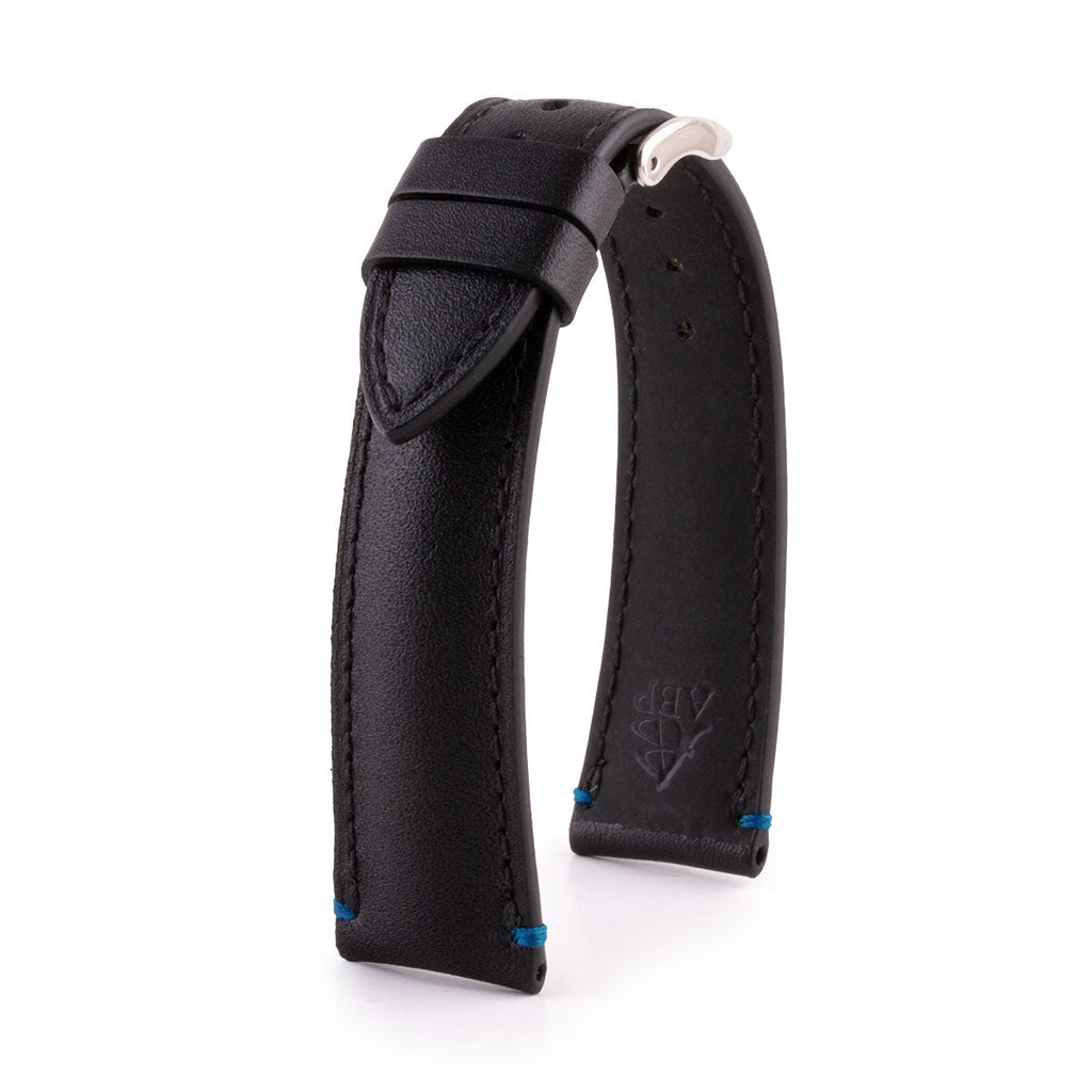 Bracelet-montre cuir - Veau noir avec couture points d'arrêt contrastée (noir, bleu, vert, rouge...)